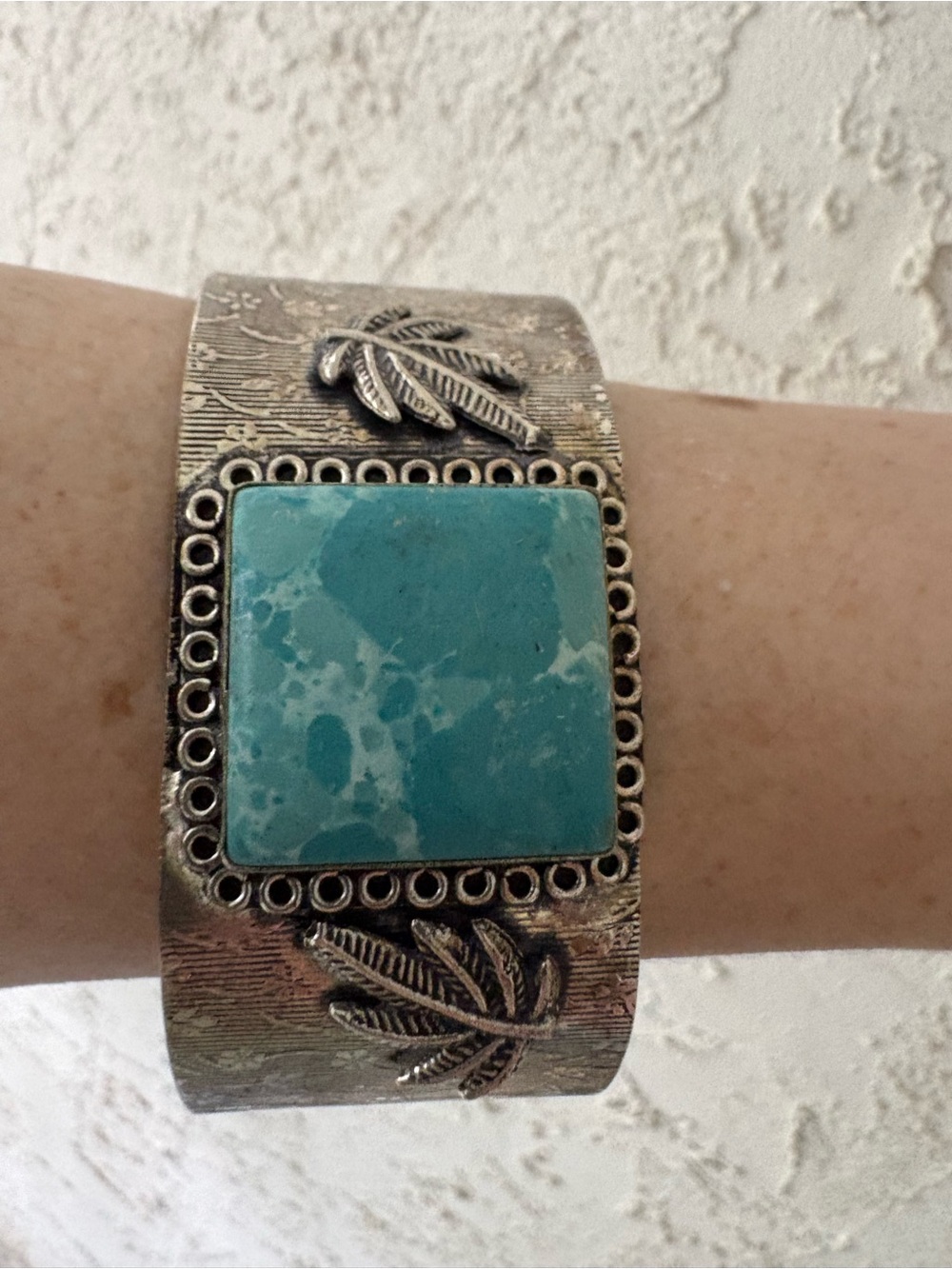 Vintage Wide 925 Silver Square Turquoise Cuff Bracelet Stamped